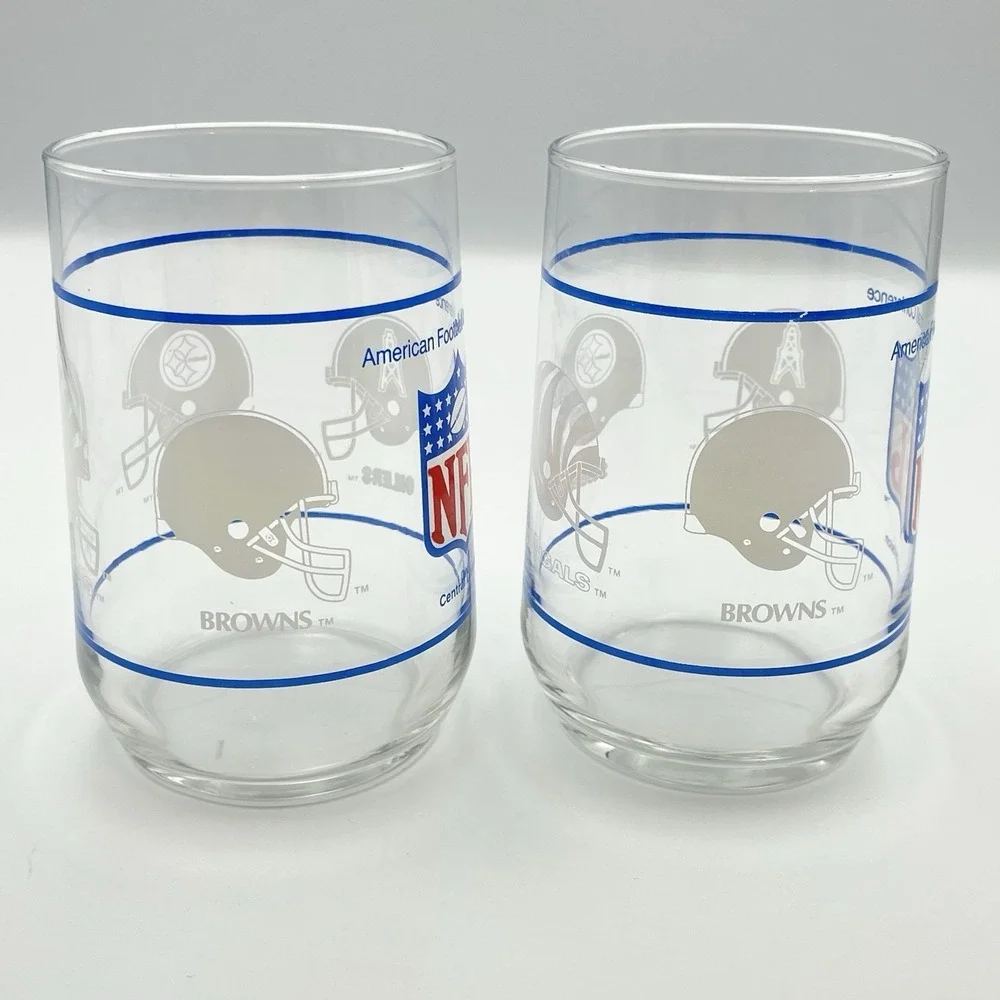 Vintage Set Of 2 NFL Central Division Glasses AFC Oilers Steelers Bengals Browns